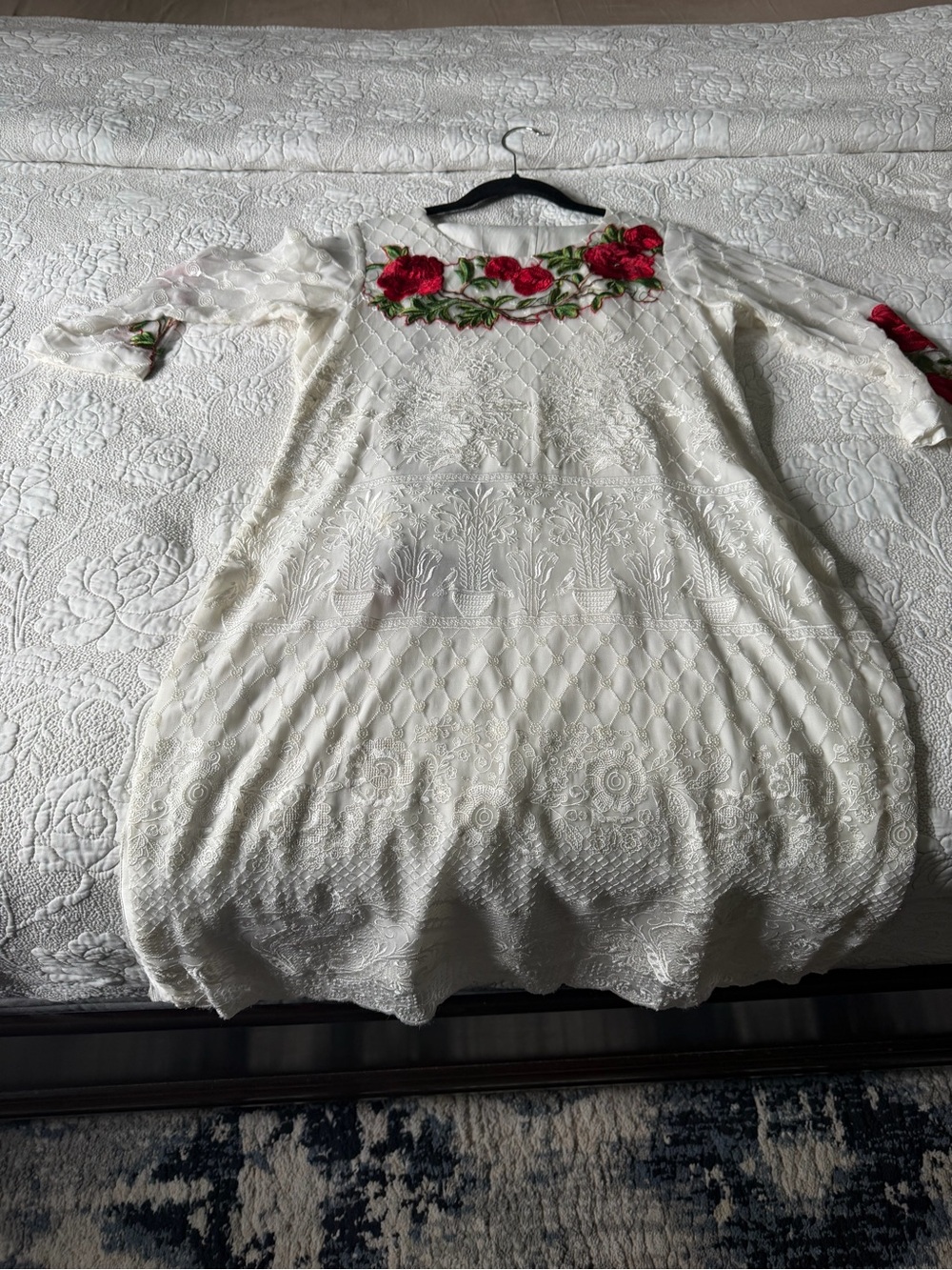 White Embroidered Dress with Red Rose Detail